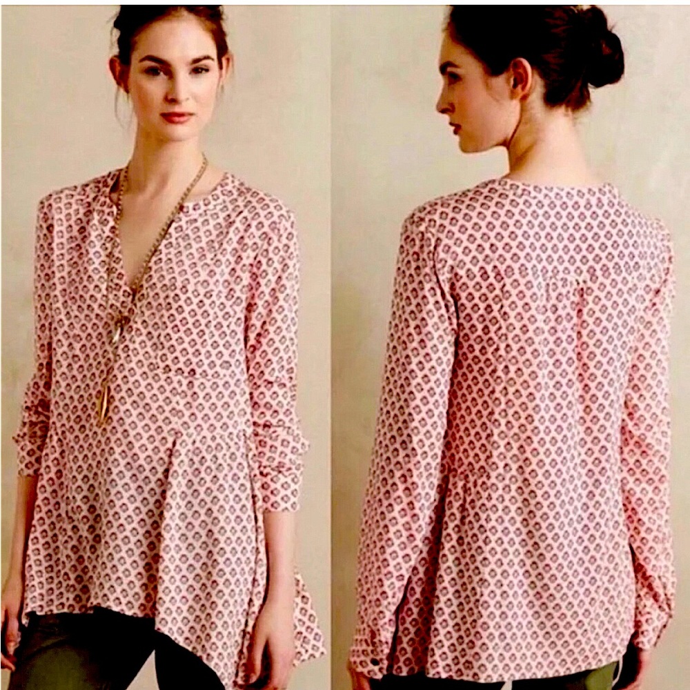 Anthropologie Maeve Laiken Pullover Button Up Popover Shirt Top Blouse 0 XS Pink